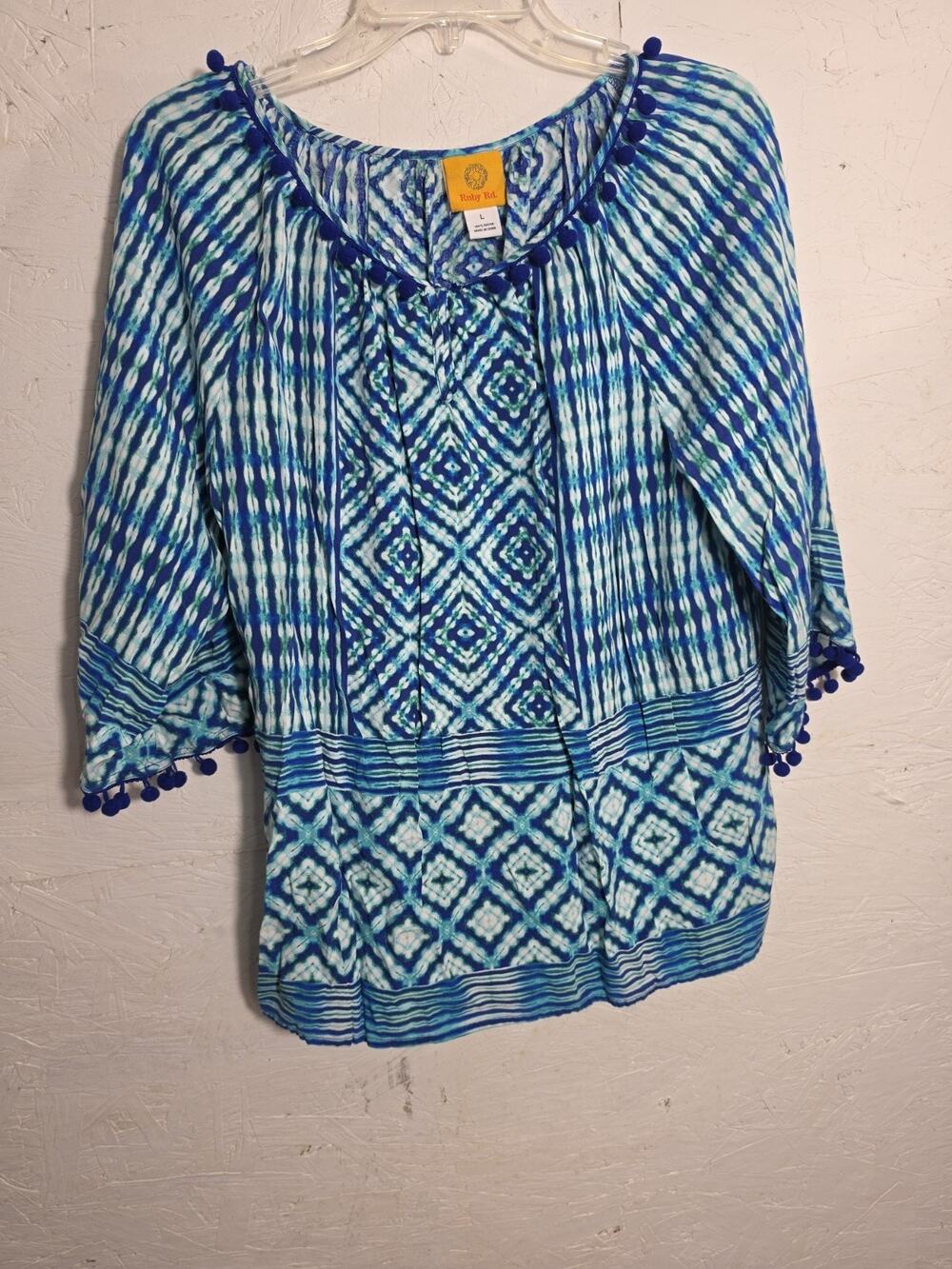 Ruby Rd Women's Blouse Blue Tassels Size Large 3/4 Sleeve
